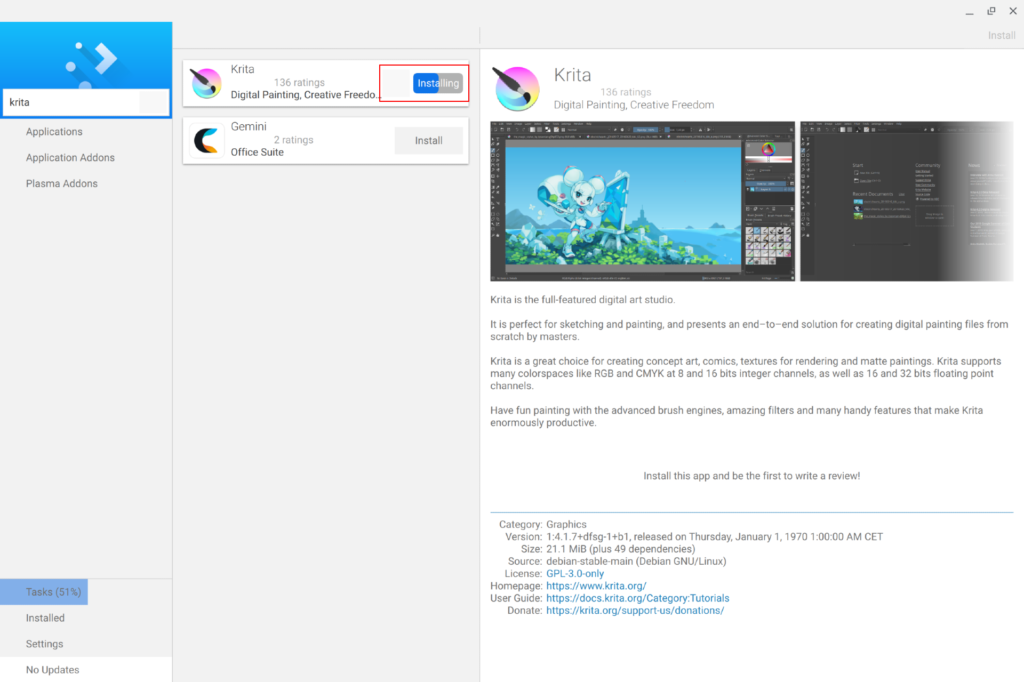 KDE Discover: Anwendung installieren, Fortschritt