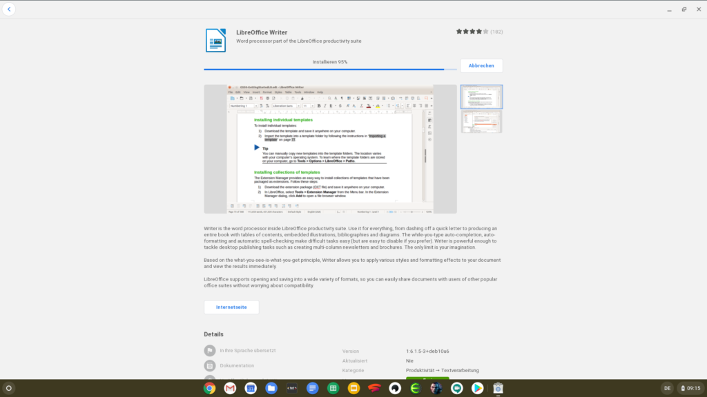 Fortschritt der Installation von LibreOffice Writer im Gnome Software Center