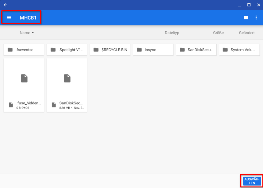 Das Hauptverzeichnis einer externen SSD für einen Schreibzugriff durch Autosync for Google Drive unter Chrome OS auswählen