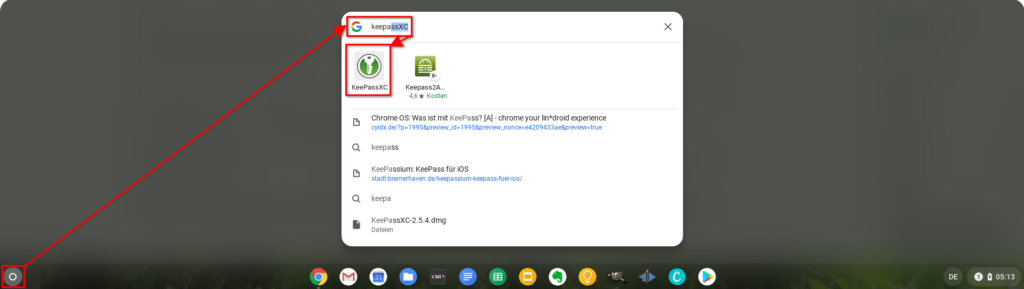 KeePassXC im Chrome OS Launcher finden und von dort aus starten