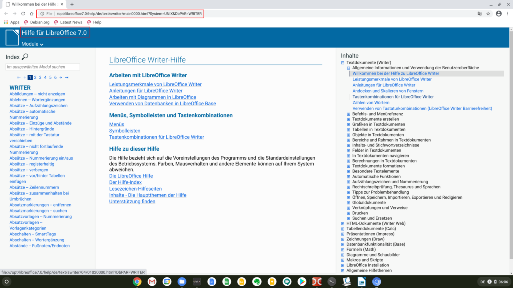 Die deutsche Hilfe-Umgebung von LibreOffice im Linux-Modus von Chrome OS