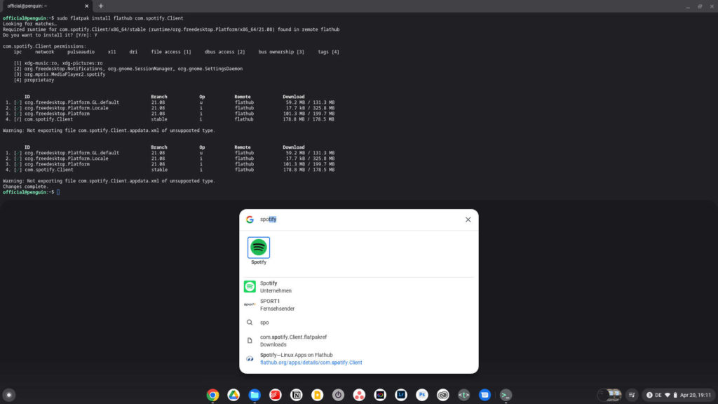 Spotify als Flatpak im Linux-Modus von Chrome OS installieren | Bild: cyldx.de